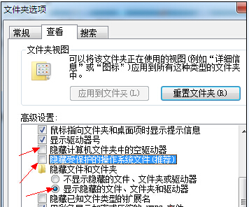 勾选“显示隐藏的文件、文件夹和驱动器”项